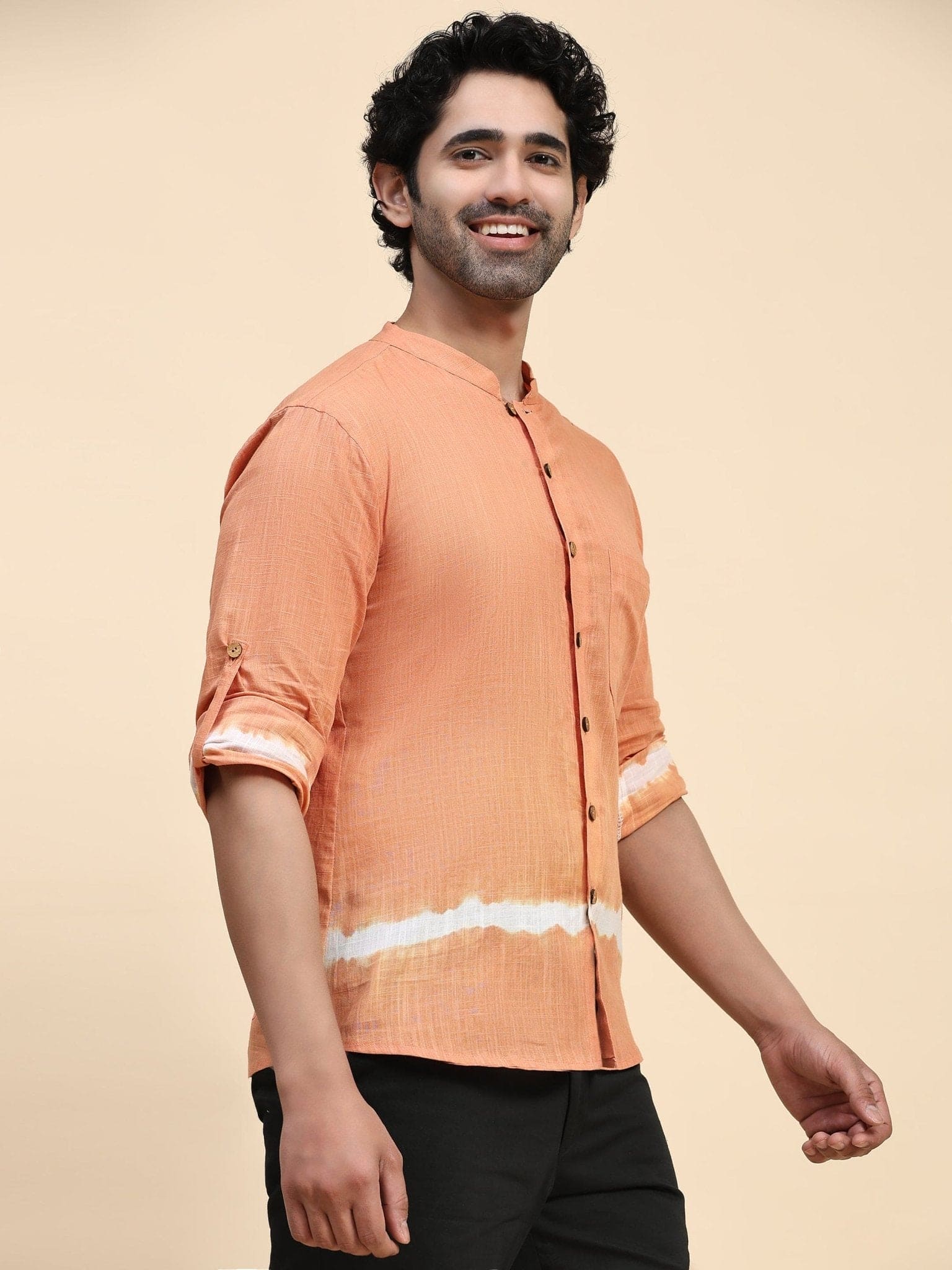 Hand Dyed Cotton Men Shirt - Orange - Charkha TalesHand Dyed Cotton Men Shirt - Orange