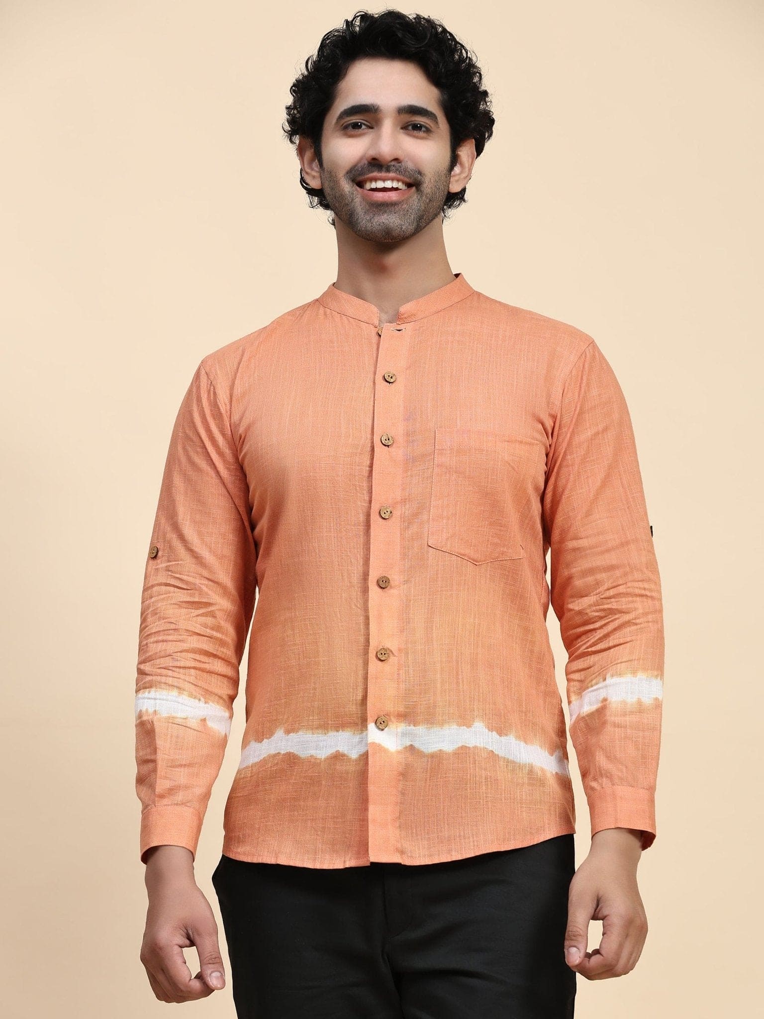 Hand Dyed Cotton Men Shirt - Orange - Charkha TalesHand Dyed Cotton Men Shirt - Orange