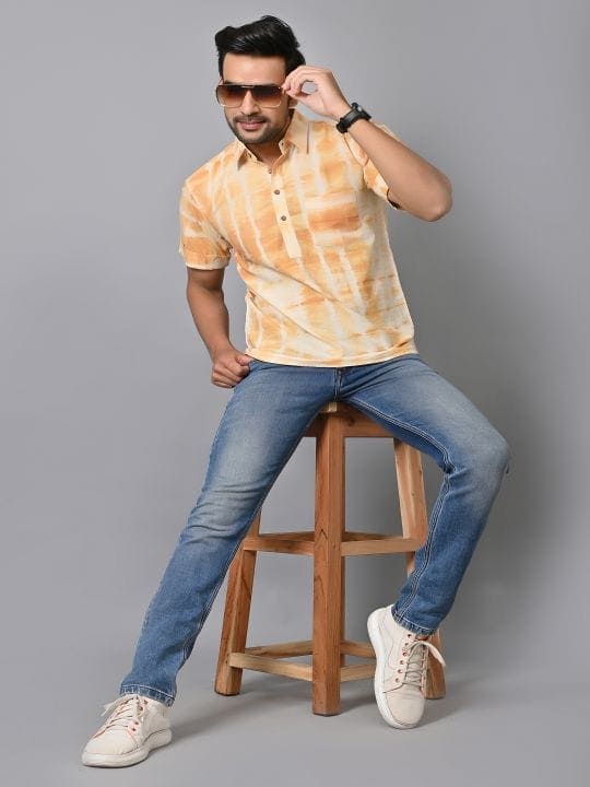 Hand Dyed Men Shirt - Mustard - Charkha TalesHand Dyed Men Shirt - Mustard