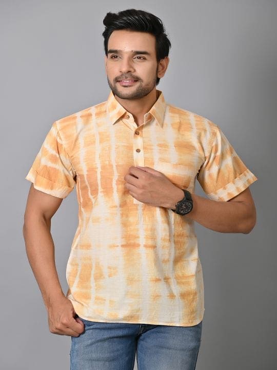 Hand Dyed Men Shirt - Mustard - Charkha TalesHand Dyed Men Shirt - Mustard