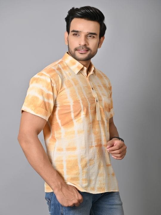 Hand Dyed Men Shirt - Mustard - Charkha TalesHand Dyed Men Shirt - Mustard