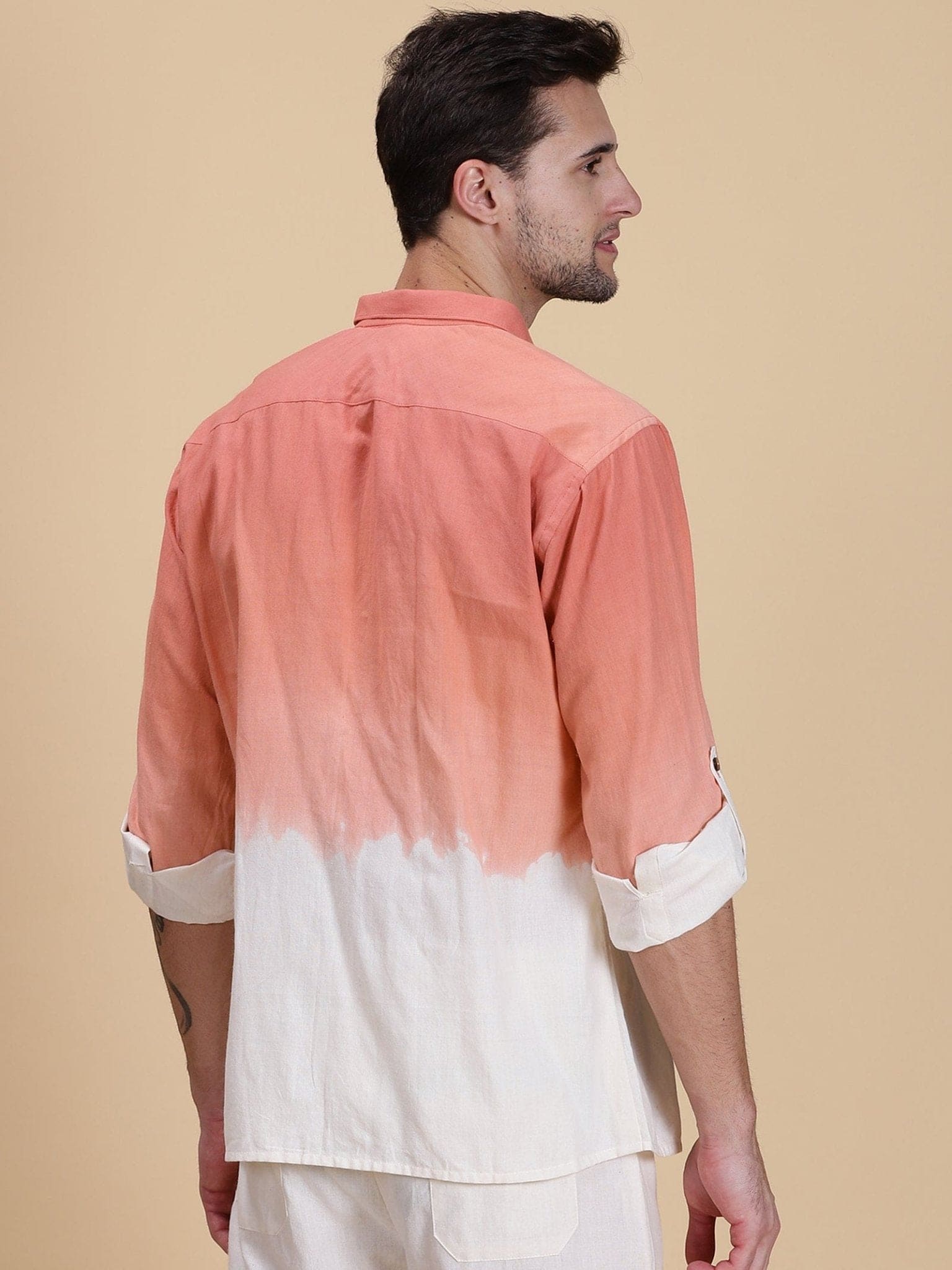 Hand Dyed Men Shirt - Peach - Charkha TalesHand Dyed Men Shirt - Peach