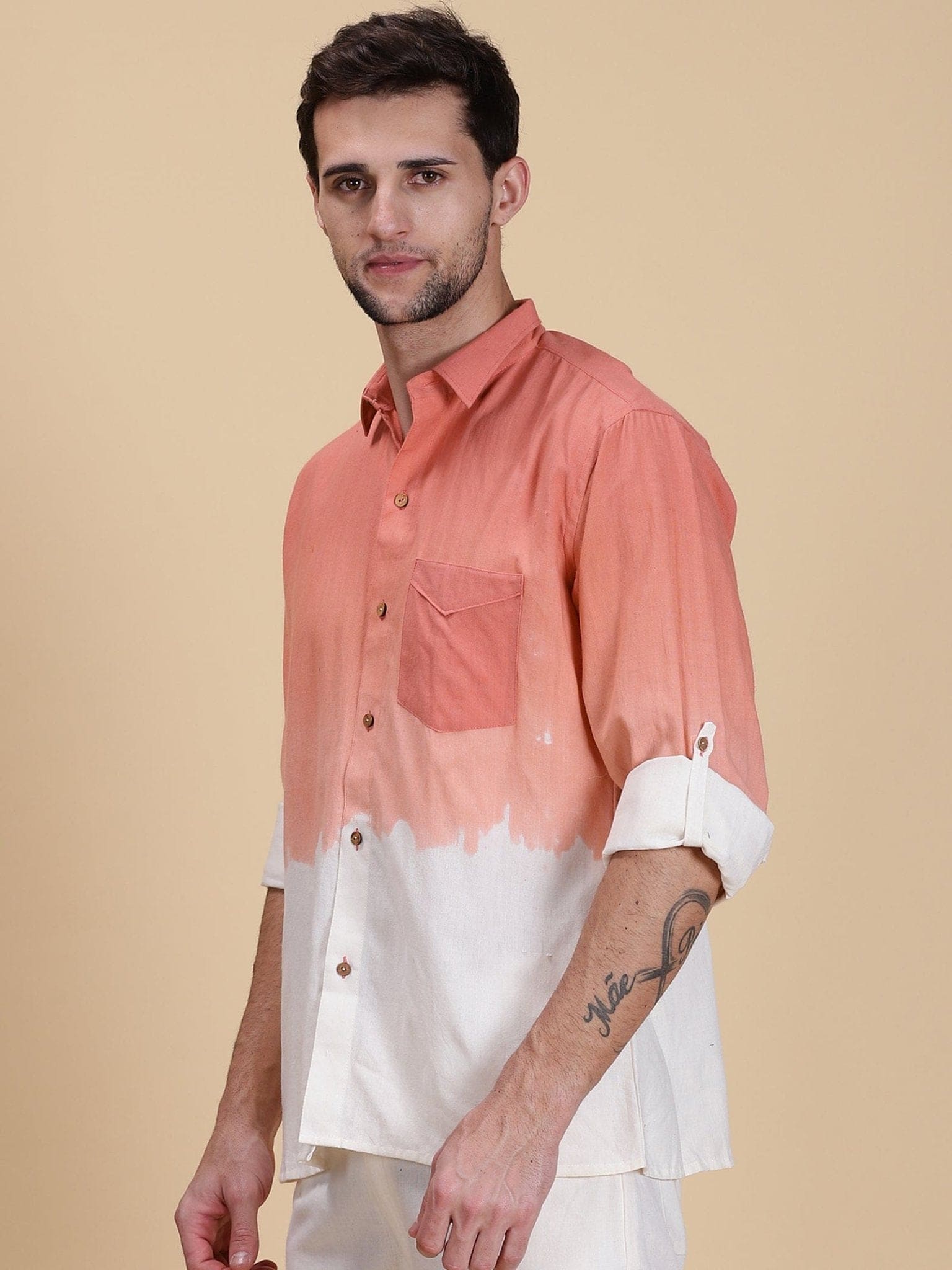 Hand Dyed Men Shirt - Peach - Charkha TalesHand Dyed Men Shirt - Peach