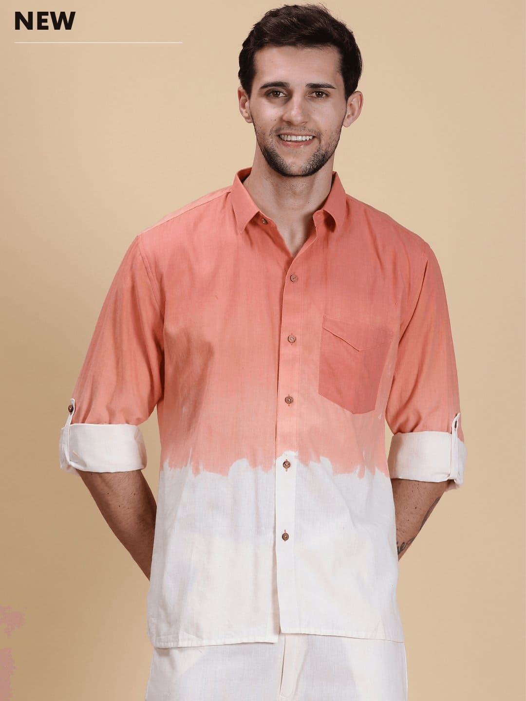 Hand Dyed Men Shirt - Peach - Charkha TalesHand Dyed Men Shirt - Peach