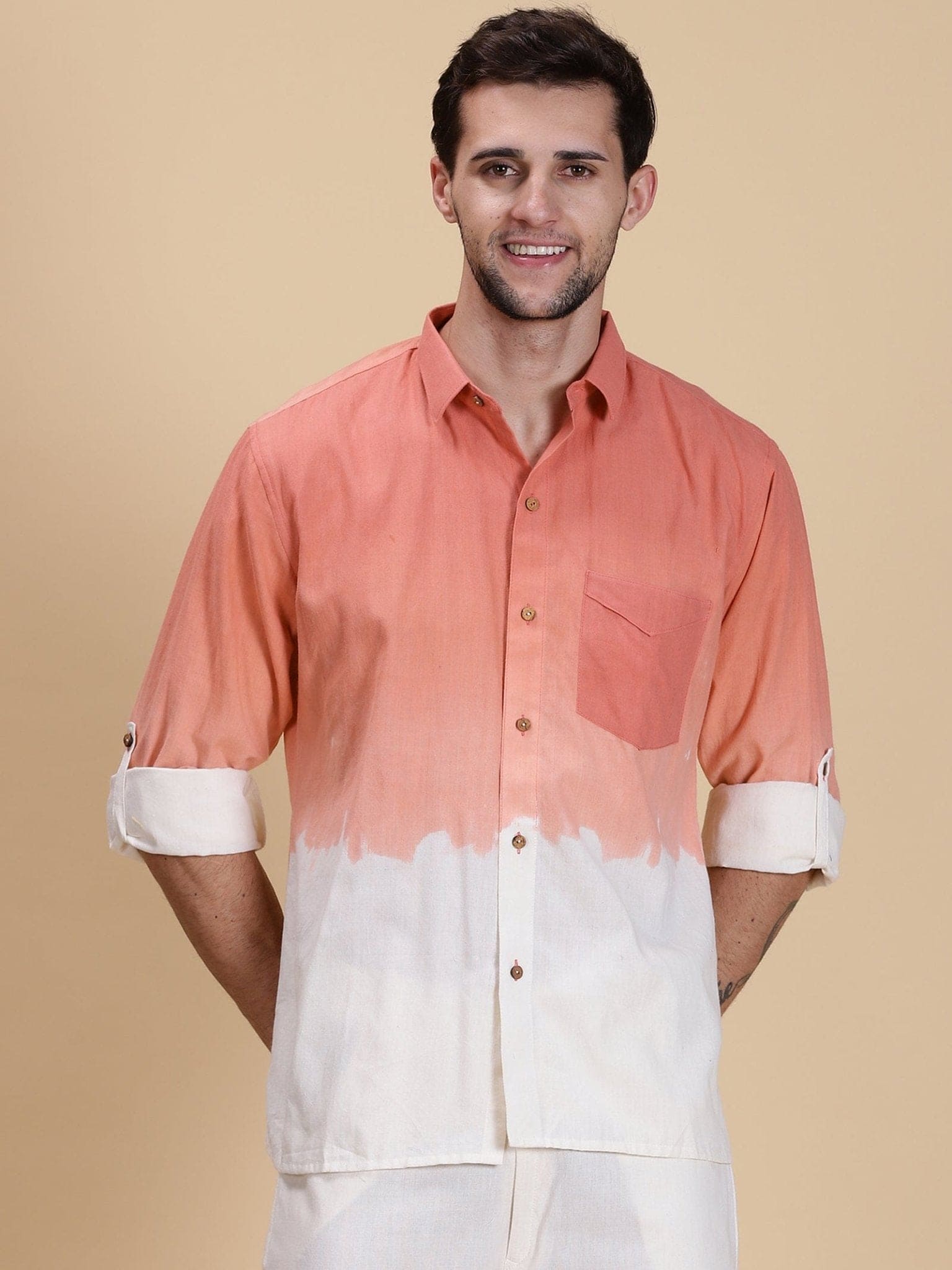 Hand Dyed Men Shirt - Peach - Charkha TalesHand Dyed Men Shirt - Peach