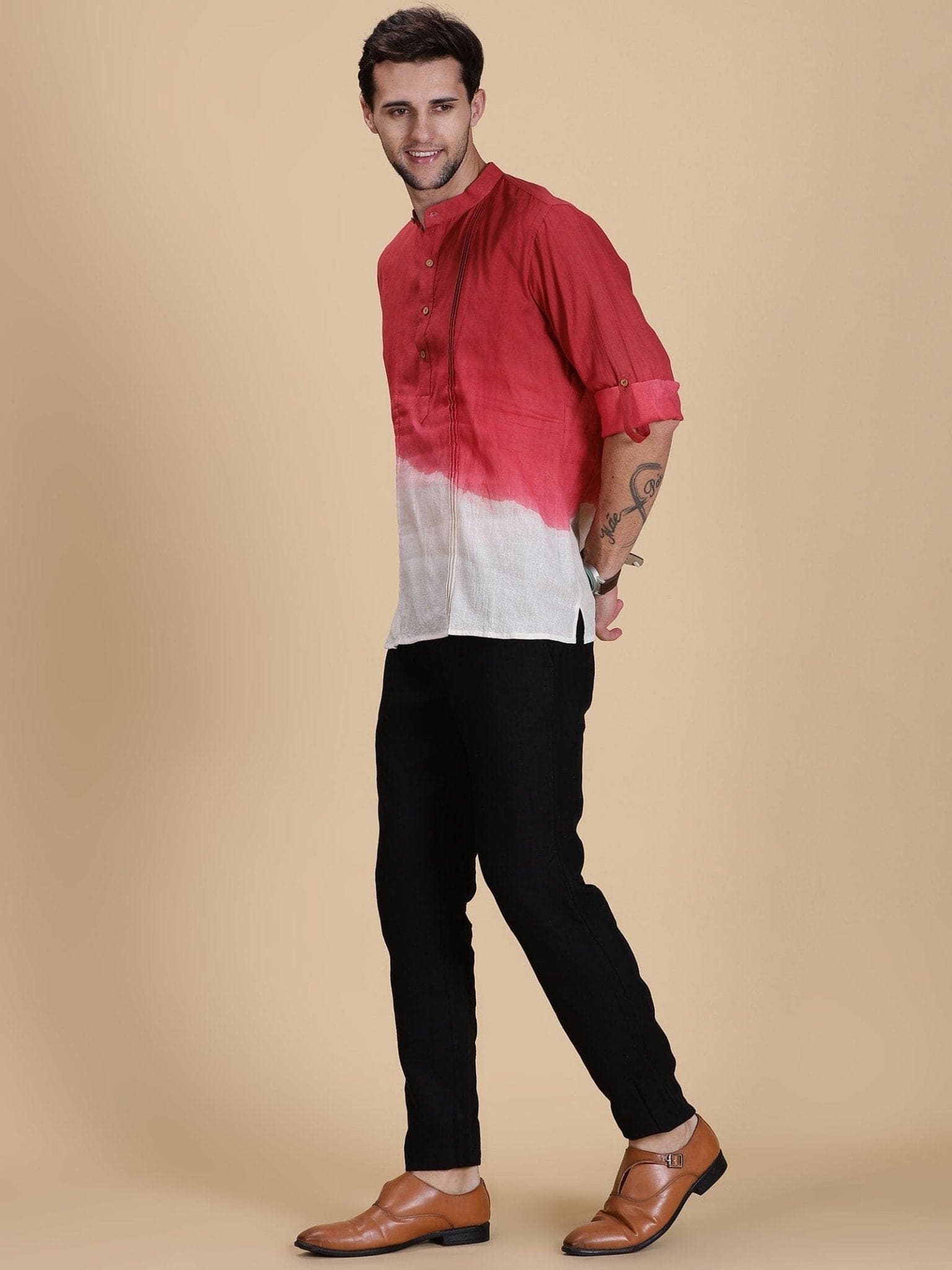 Hand Dyed Men Shirt - Red - Charkha TalesHand Dyed Men Shirt - Red