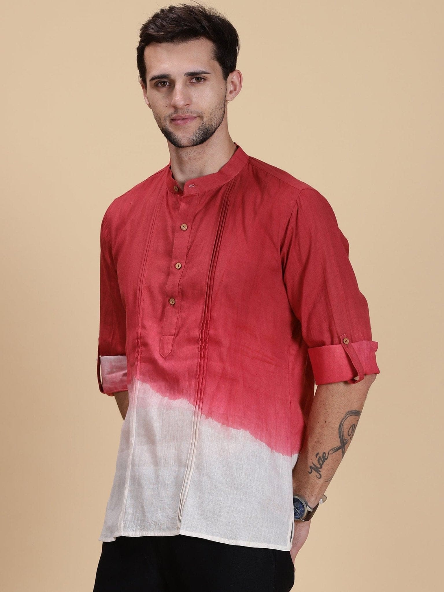 Hand Dyed Men Shirt - Red - Charkha TalesHand Dyed Men Shirt - Red