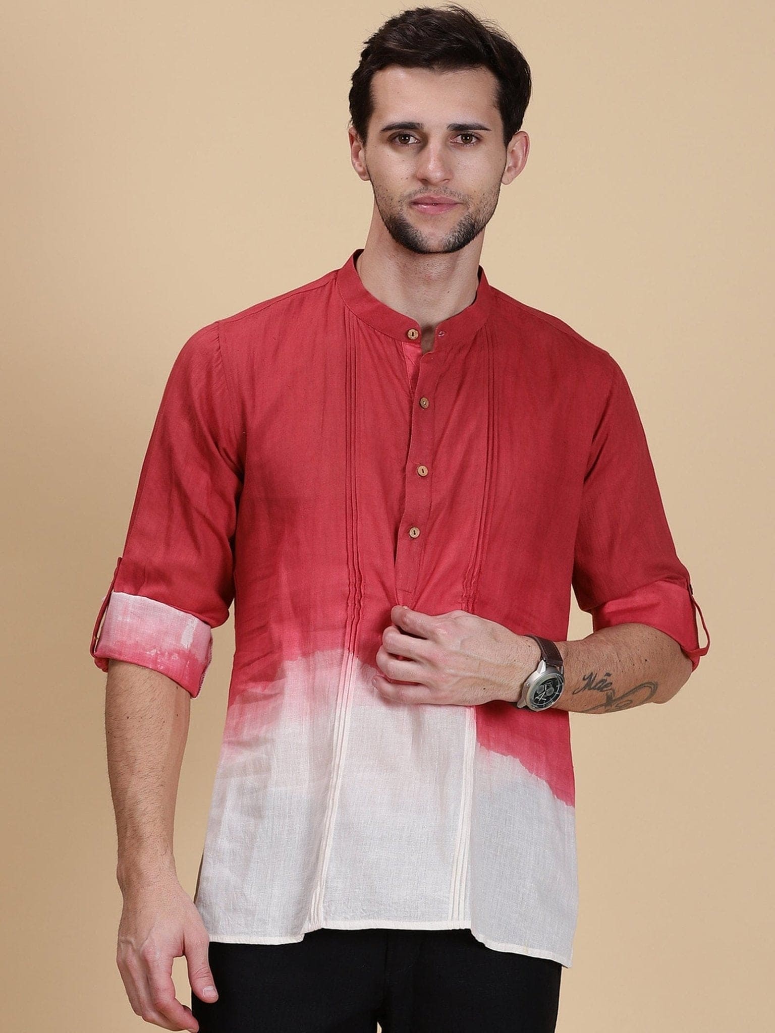 Hand Dyed Men Shirt - Red - Charkha TalesHand Dyed Men Shirt - Red