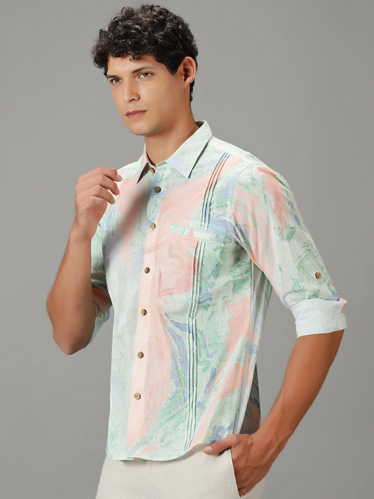 Hand Dyed Men's Shirt - Peach - Charkha TalesHand Dyed Men's Shirt - Peach