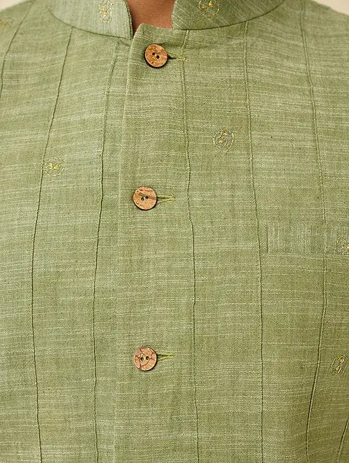 Hand Embroidered Jacket - Olive Green - Charkha TalesHand Embroidered Jacket - Olive Green