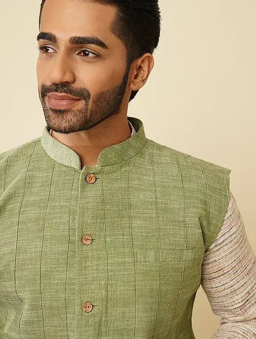 Hand Embroidered Jacket - Olive Green - Charkha TalesHand Embroidered Jacket - Olive Green
