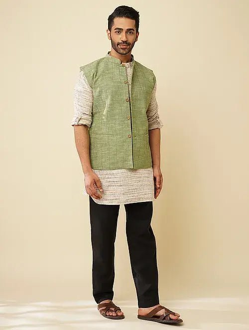 Hand Embroidered Jacket - Olive Green - Charkha TalesHand Embroidered Jacket - Olive Green