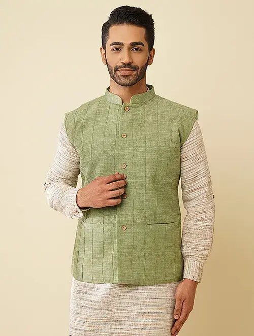 Hand Embroidered Jacket - Olive Green - Charkha TalesHand Embroidered Jacket - Olive Green