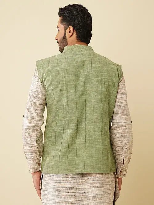 Hand Embroidered Jacket - Olive Green - Charkha TalesHand Embroidered Jacket - Olive Green