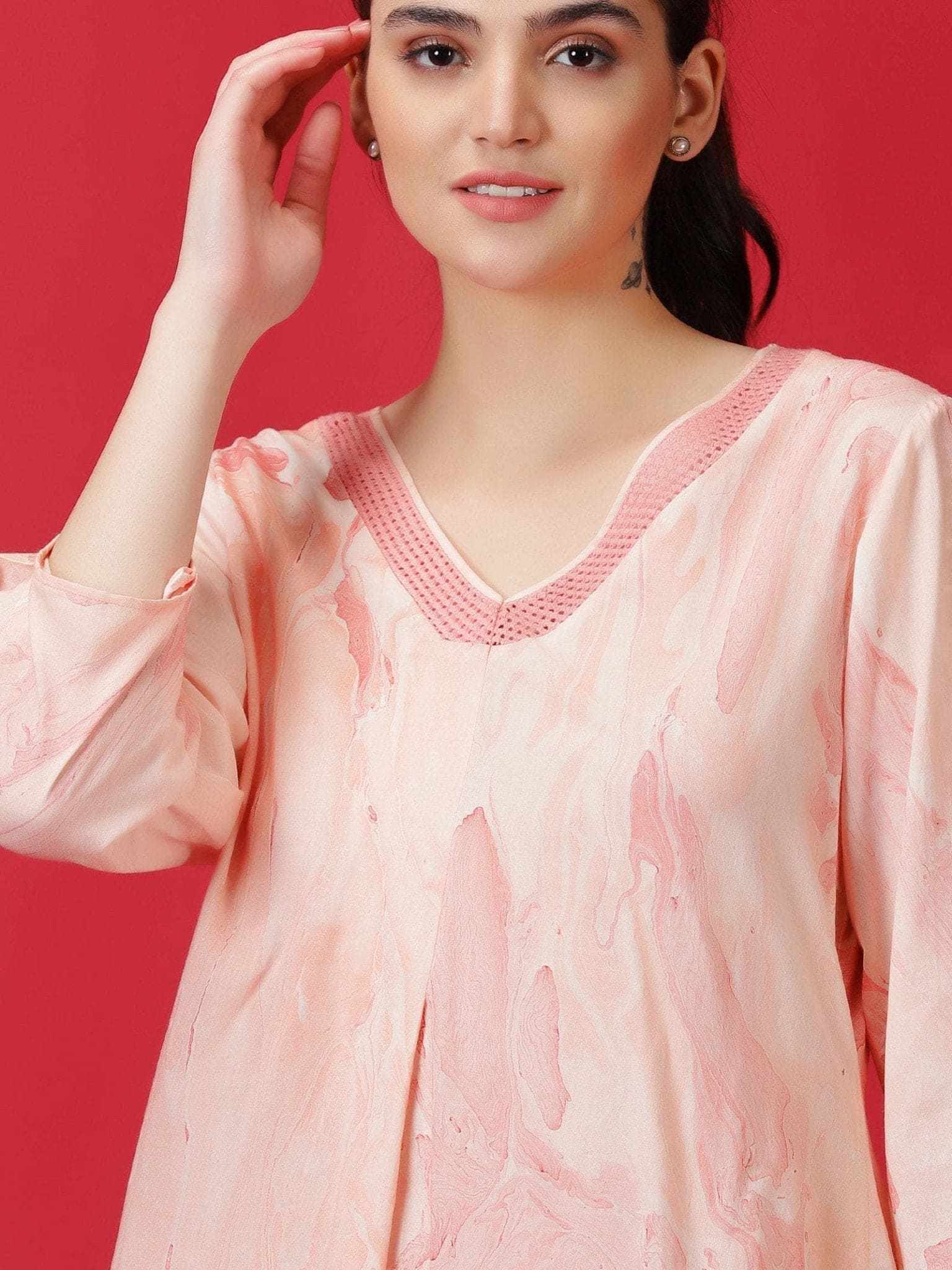 Hand Marble Dyed Athleisure Set - Peach - Charkha TalesHand Marble Dyed Athleisure Set - Peach