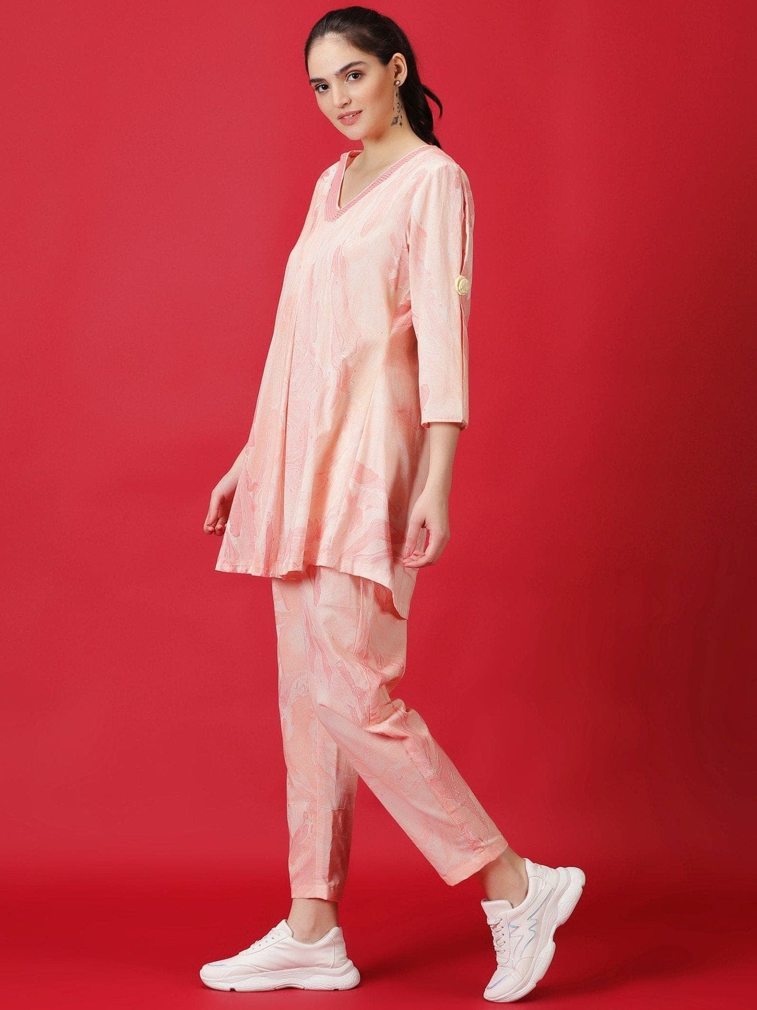 Hand Marble Dyed Athleisure Set - Peach - Charkha TalesHand Marble Dyed Athleisure Set - Peach