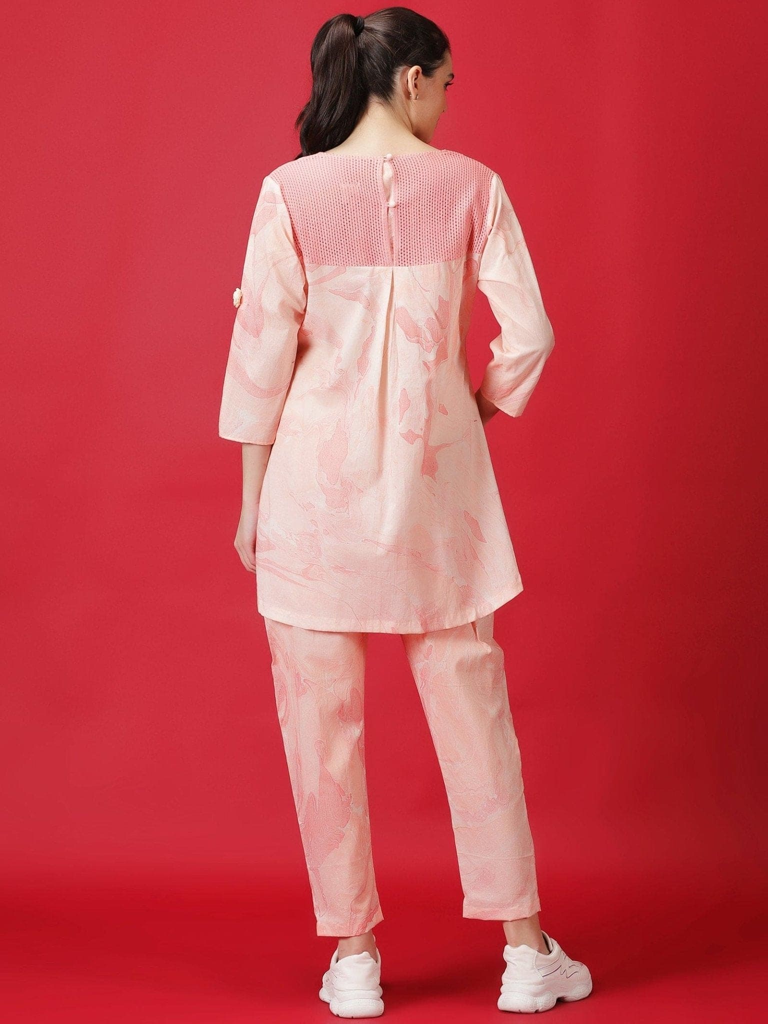 Hand Marble Dyed Athleisure Set - Peach - Charkha TalesHand Marble Dyed Athleisure Set - Peach
