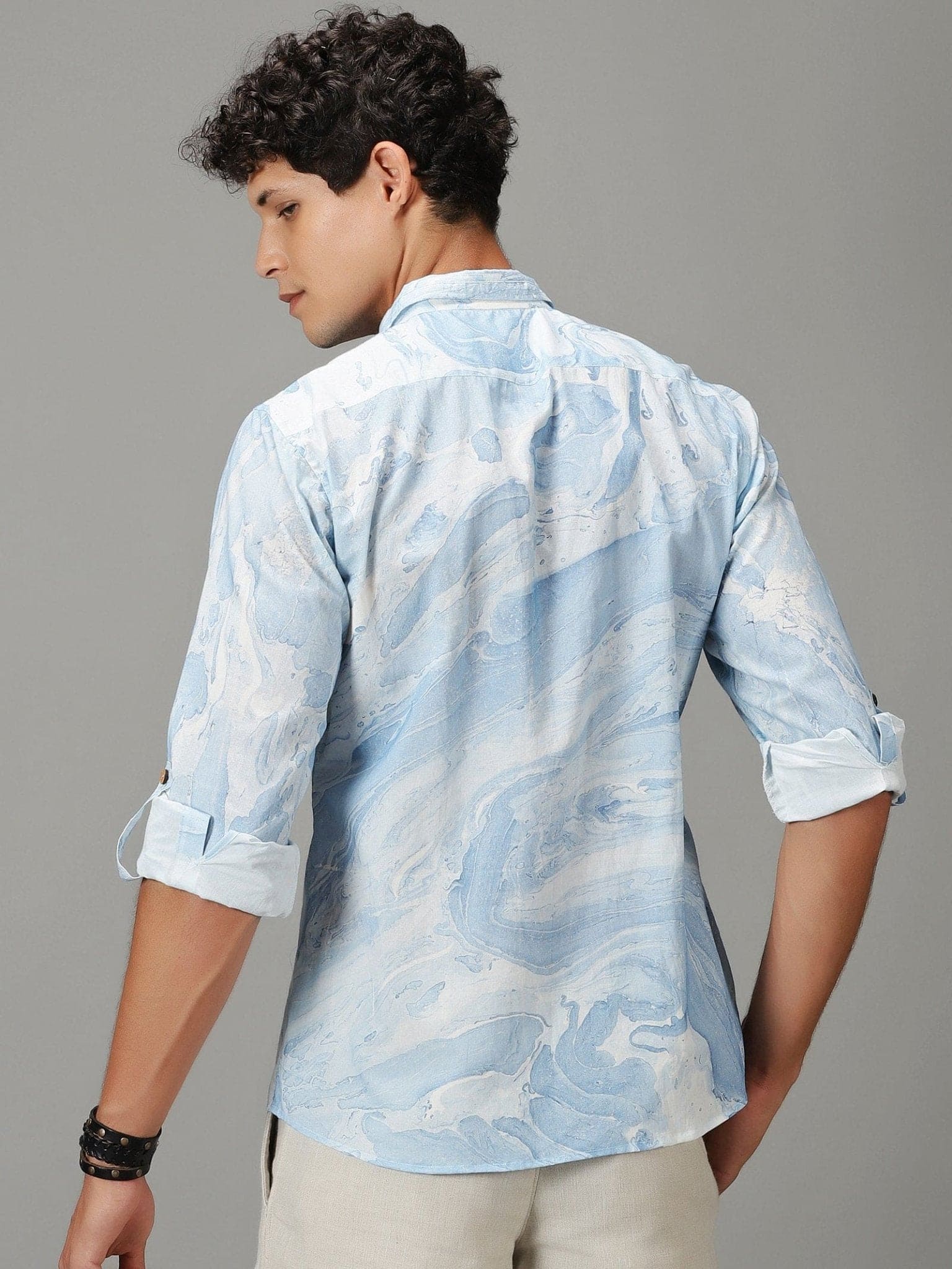 Hand Printed Men's Shirt - Sky Blue - Charkha TalesHand Printed Men's Shirt - Sky Blue