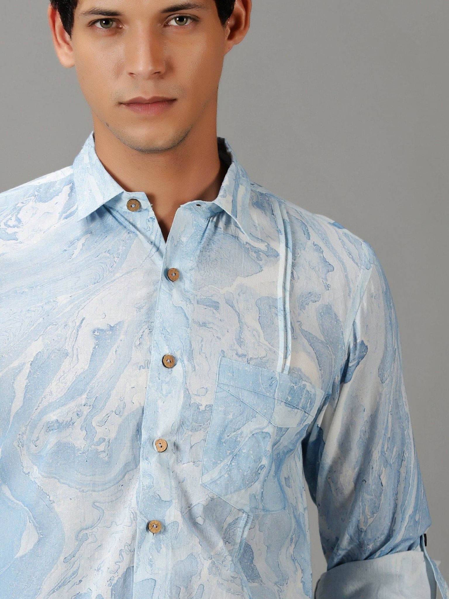 Hand Printed Men's Shirt - Sky Blue - Charkha TalesHand Printed Men's Shirt - Sky Blue