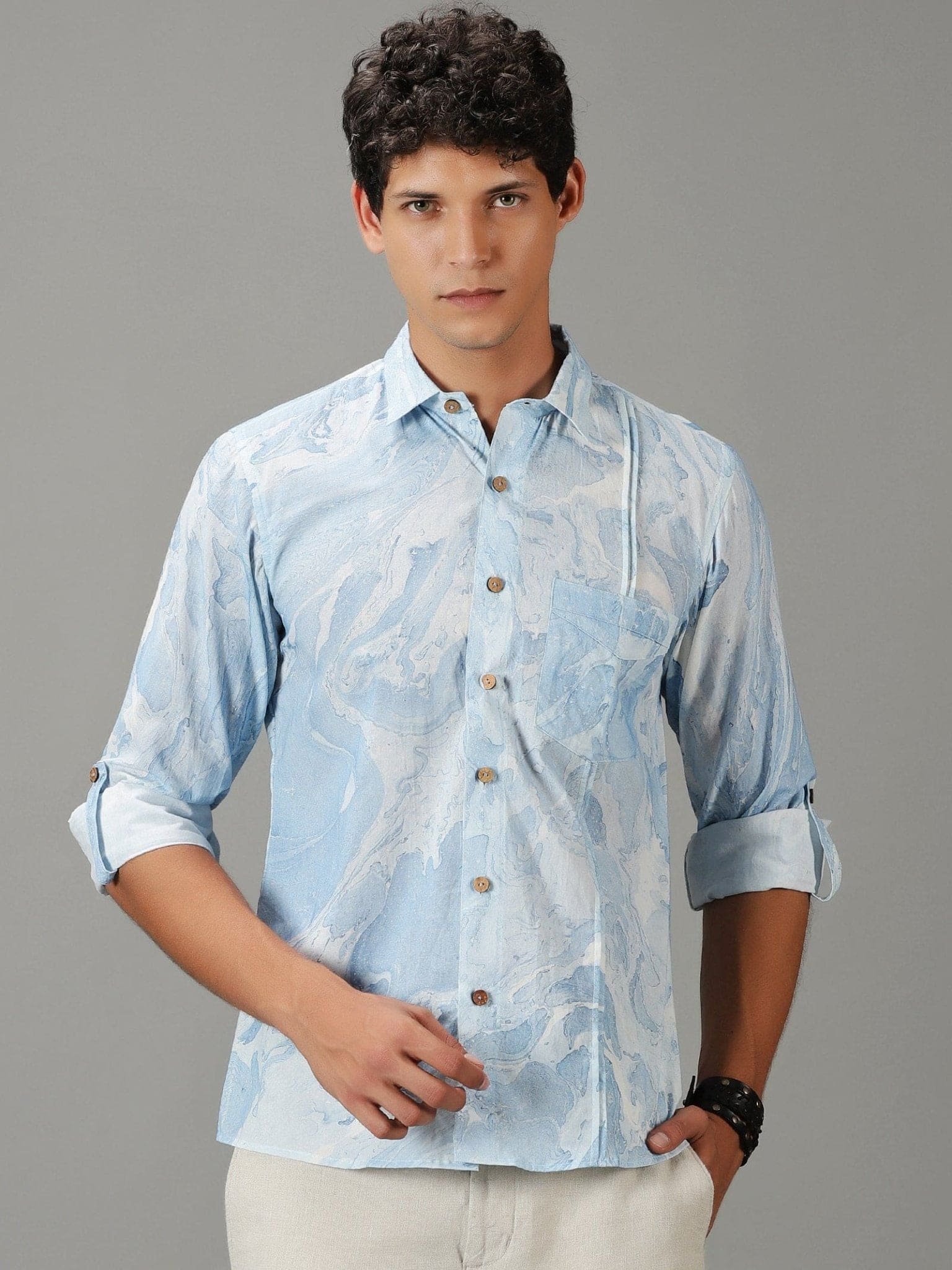 Hand Printed Men's Shirt - Sky Blue - Charkha TalesHand Printed Men's Shirt - Sky Blue