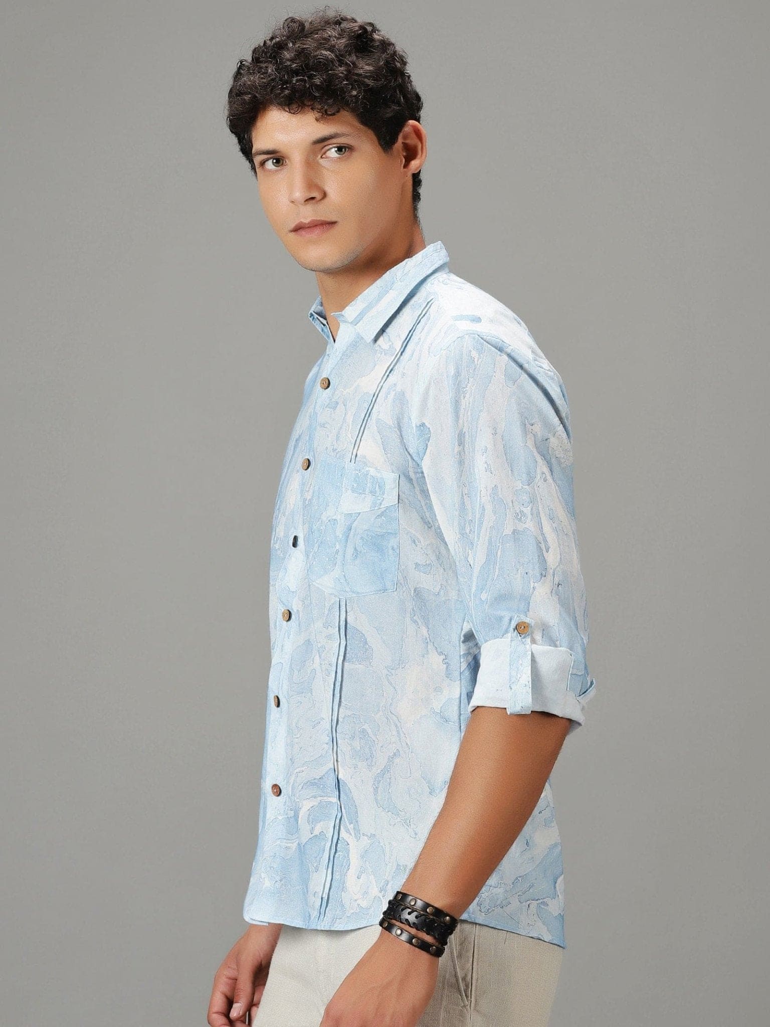 Hand Printed Men's Shirt - Sky Blue - Charkha TalesHand Printed Men's Shirt - Sky Blue