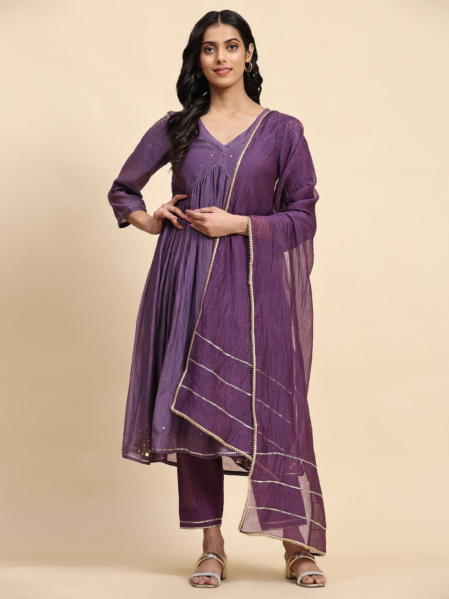 Hand Sequin Chanderi Kurta Set - Purple - Charkha TalesHand Sequin Chanderi Kurta Set - Purple
