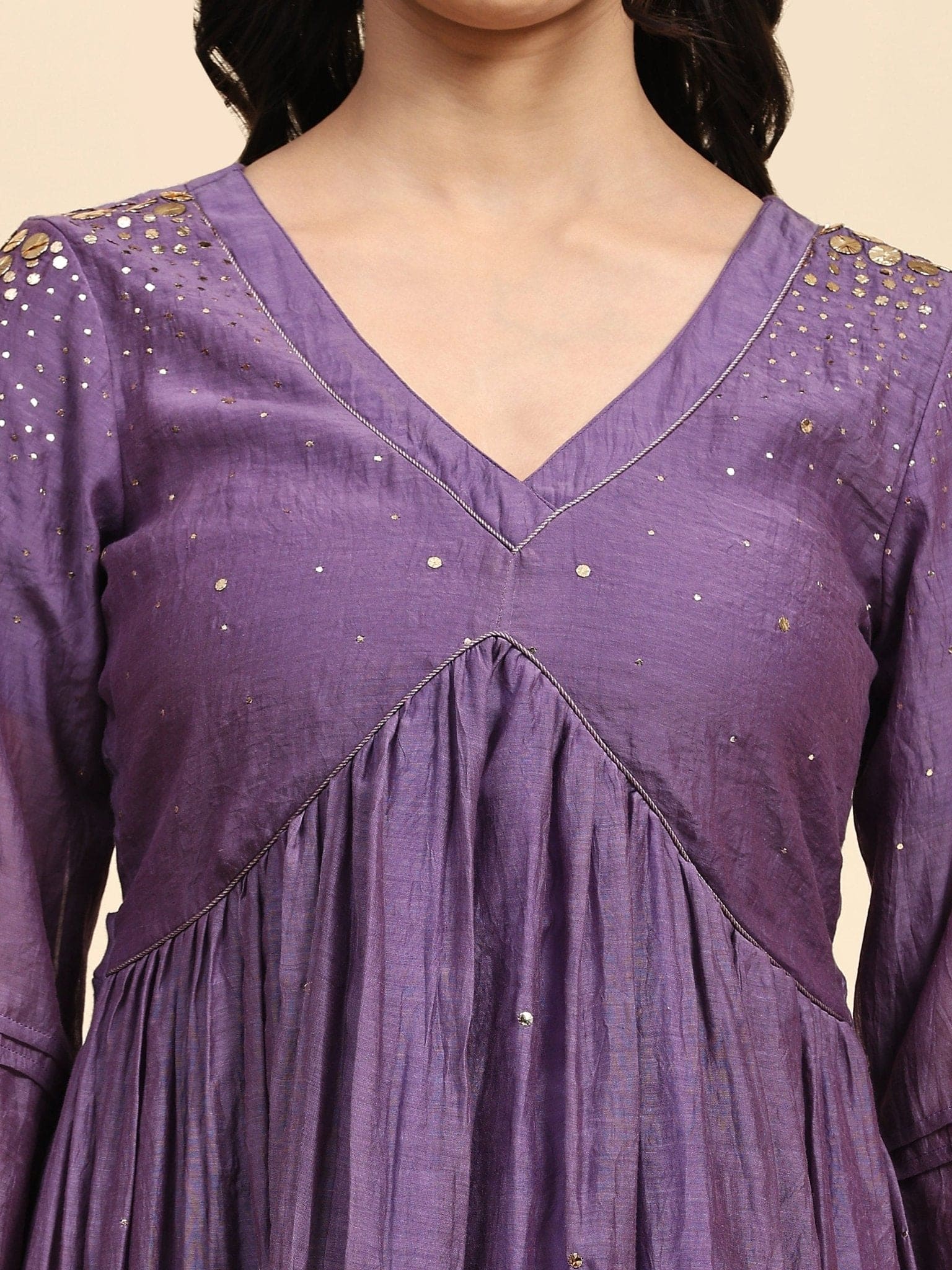 Hand Sequin Chanderi Kurta Set - Purple - Charkha TalesHand Sequin Chanderi Kurta Set - Purple