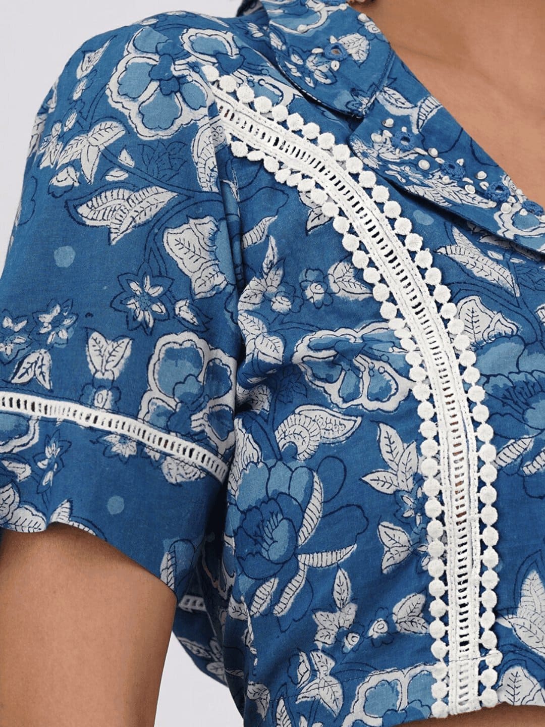 Indigo Blue Embroidered Cotton Blouse - Charkha TalesIndigo Blue Embroidered Cotton Blouse