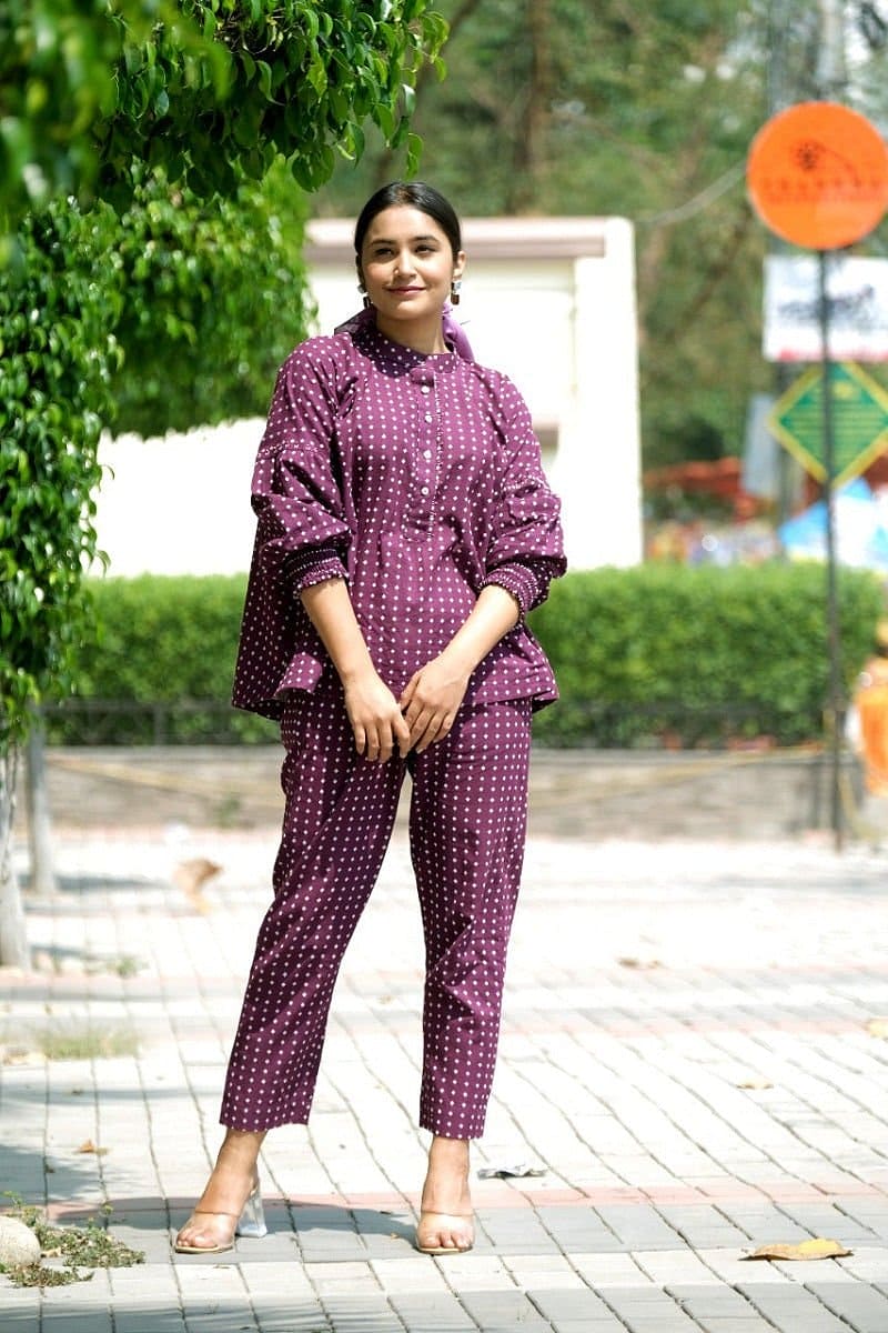 Jaquard Butta Co - ord Set - Purple - Charkha TalesJaquard Butta Co - ord Set - Purple