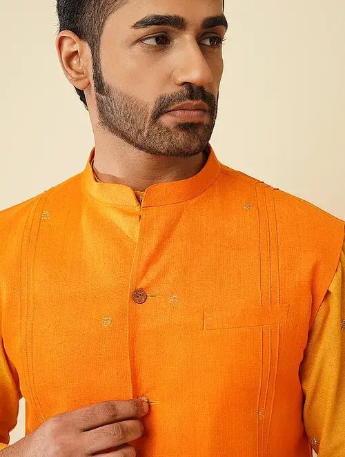 Kantha Cotton Nehru Jacket - Yellow - Charkha TalesKantha Cotton Nehru Jacket - Yellow