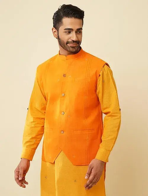 Kantha Cotton Nehru Jacket - Yellow - Charkha TalesKantha Cotton Nehru Jacket - Yellow