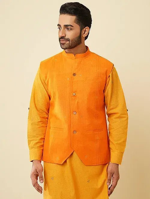 Kantha Cotton Nehru Jacket - Yellow - Charkha TalesKantha Cotton Nehru Jacket - Yellow