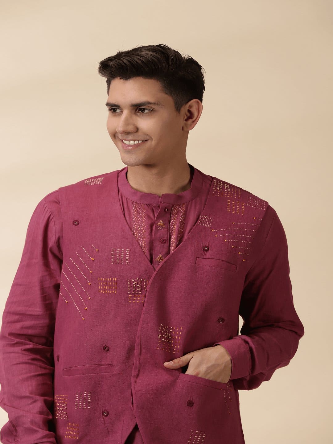 Kantha Khadi Men Sadri & Kurta Set - Majenta - Charkha TalesKantha Khadi Men Sadri & Kurta Set - Majenta