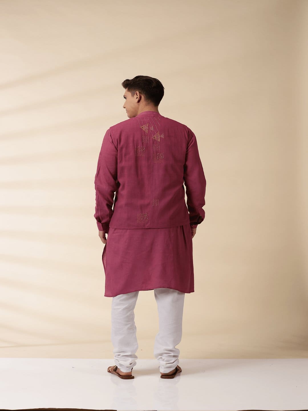 Kantha Khadi Men Sadri & Kurta Set - Majenta - Charkha TalesKantha Khadi Men Sadri & Kurta Set - Majenta
