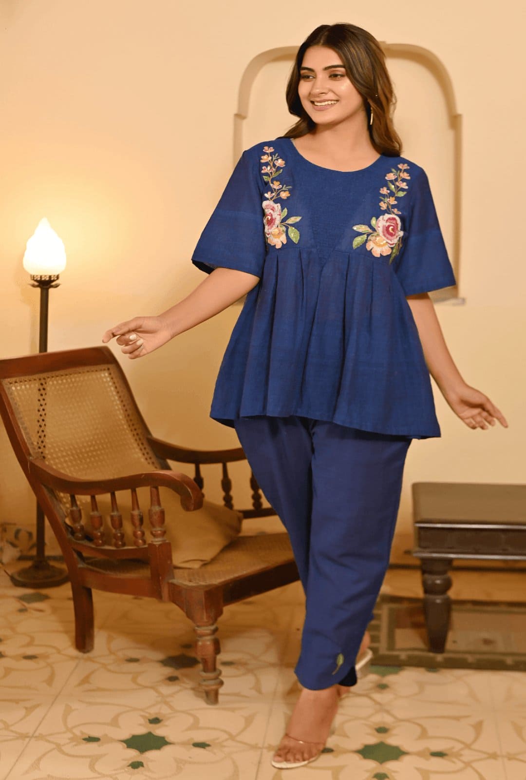 Khadi Bengal Blue Bold Embroidery Co-ord set - Charkha TalesKhadi Bengal Blue Bold Embroidery Co-ord set
