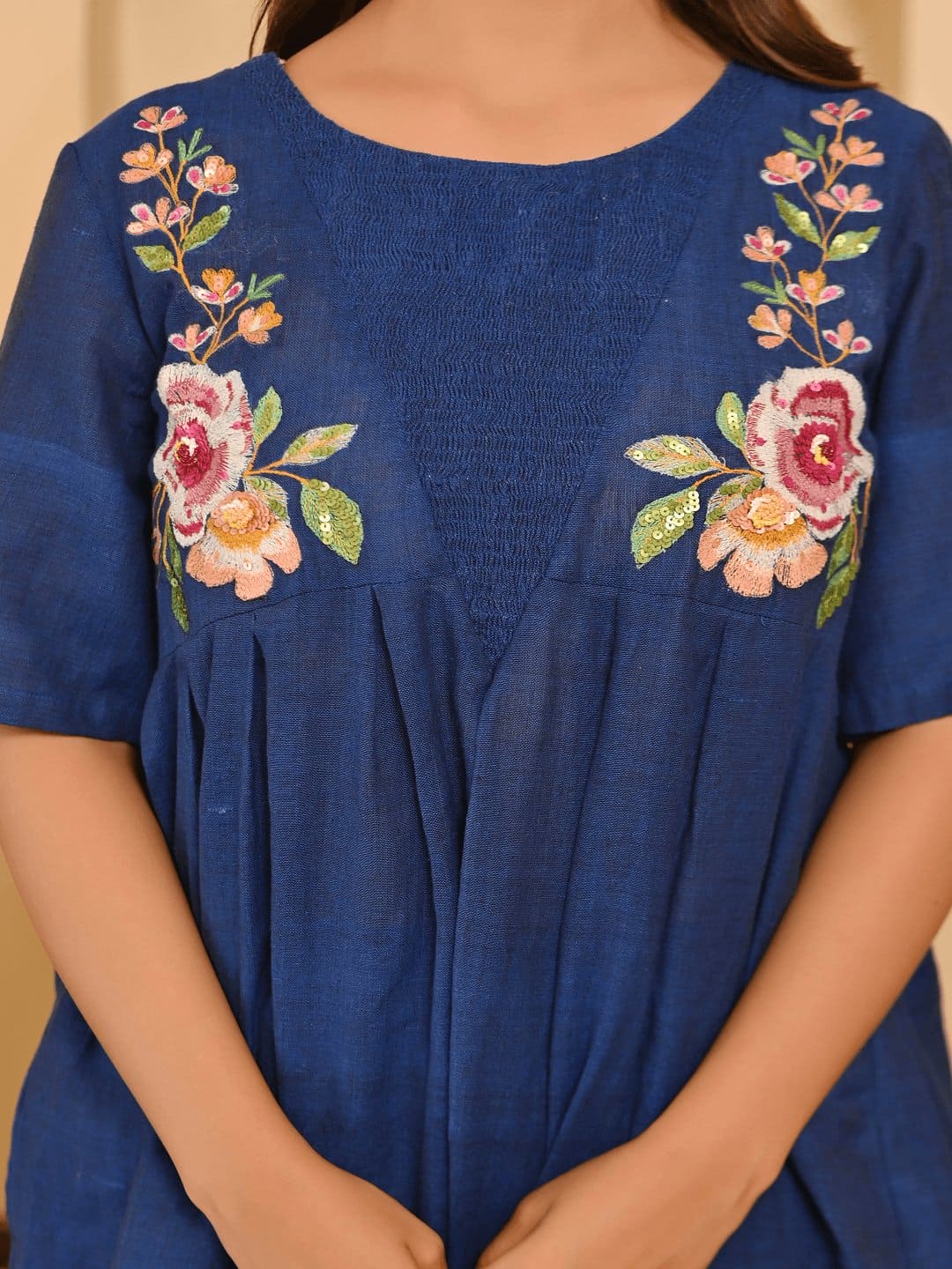 Khadi Bengal Bold Embroidery Co - ord set - Blue - Charkha TalesKhadi Bengal Bold Embroidery Co - ord set - Blue