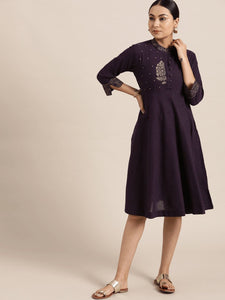 Khadi Block Print Dress - Purple