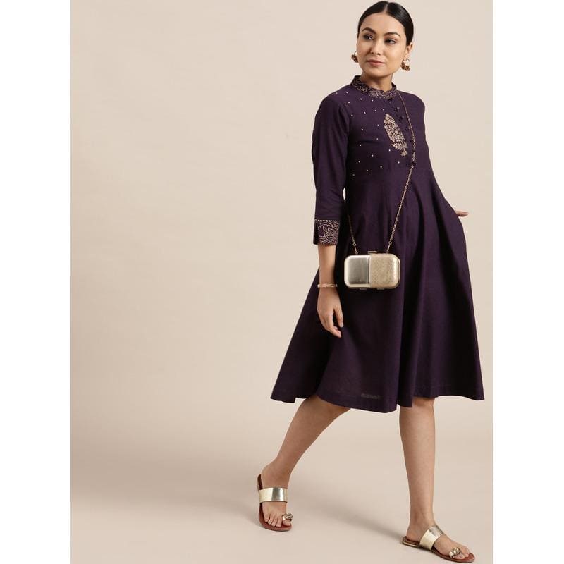 Khadi Block Print Dress - Purple - Charkha TalesKhadi Block Print Dress - Purple