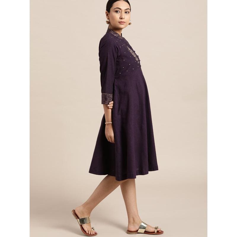 Khadi Block Print Dress - Purple - Charkha TalesKhadi Block Print Dress - Purple