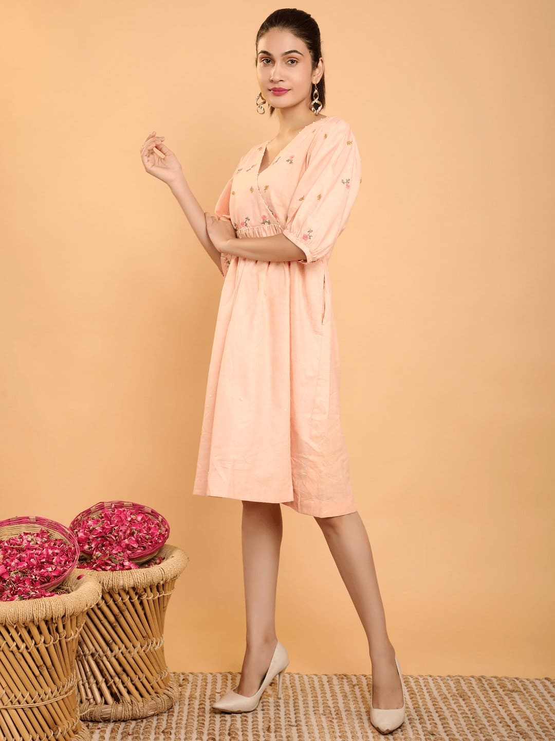 Khadi Boho Chikankari Dress - Peach - Charkha TalesKhadi Boho Chikankari Dress - Peach