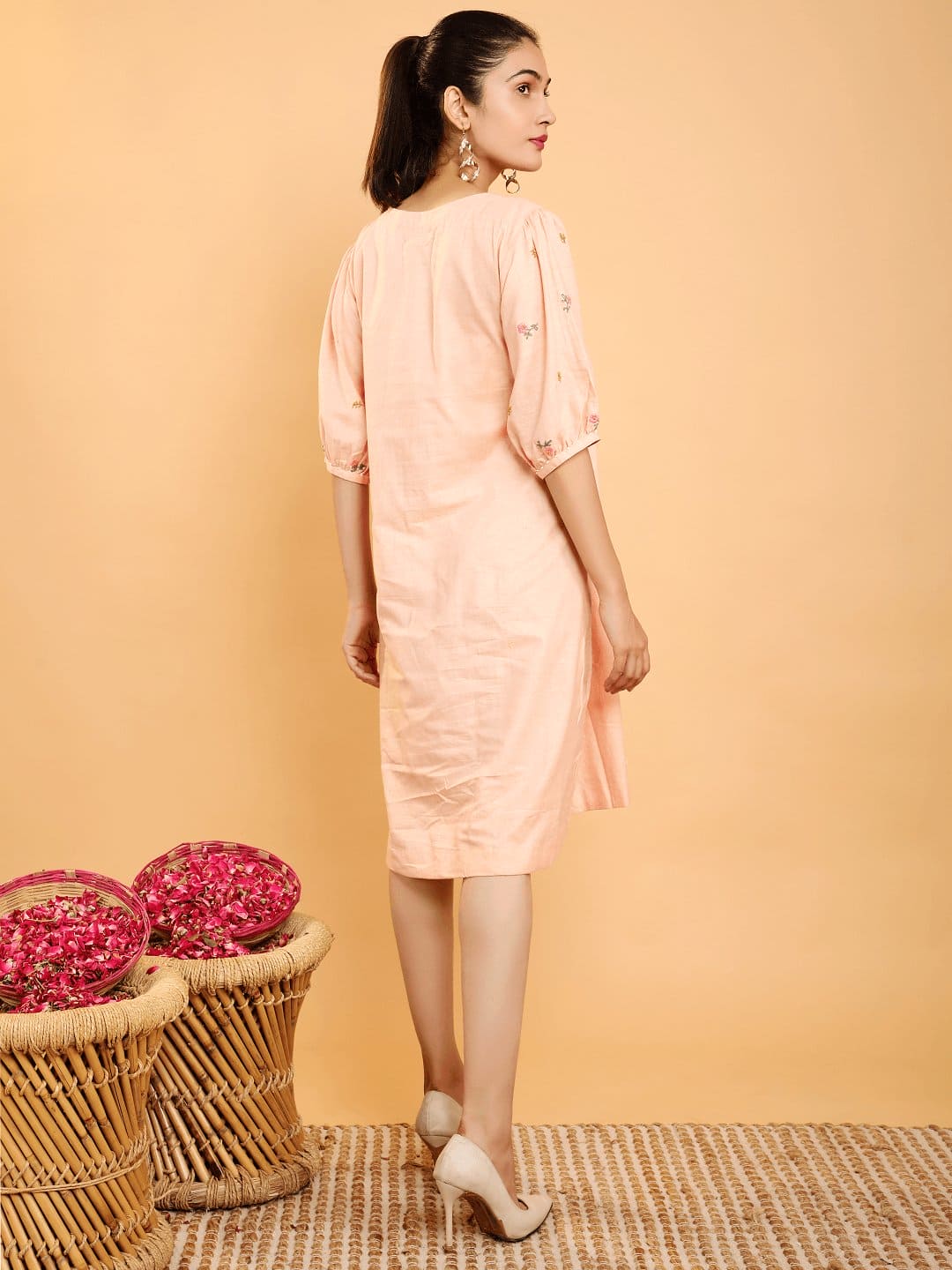 Khadi Boho Chikankari Dress - Peach - Charkha TalesKhadi Boho Chikankari Dress - Peach