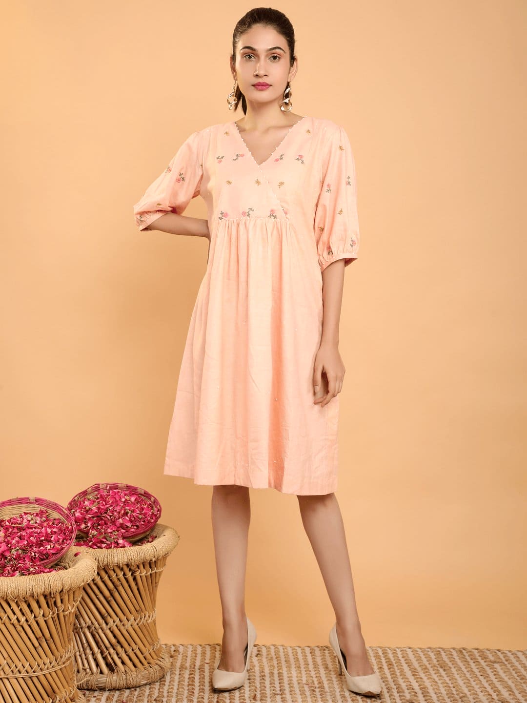 Khadi Boho Chikankari Dress - Peach - Charkha TalesKhadi Boho Chikankari Dress - Peach