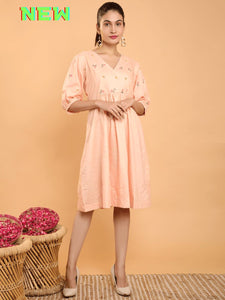 Khadi Boho Chikankari Dress - Peach