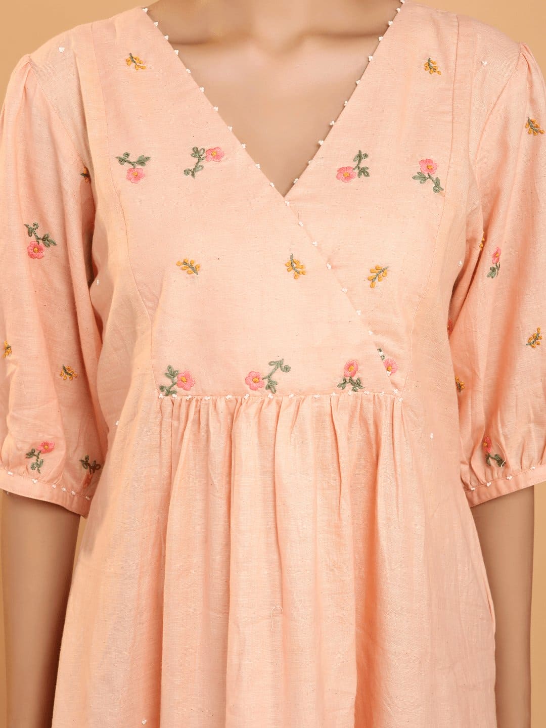 Khadi Boho Chikankari Dress - Peach - Charkha TalesKhadi Boho Chikankari Dress - Peach