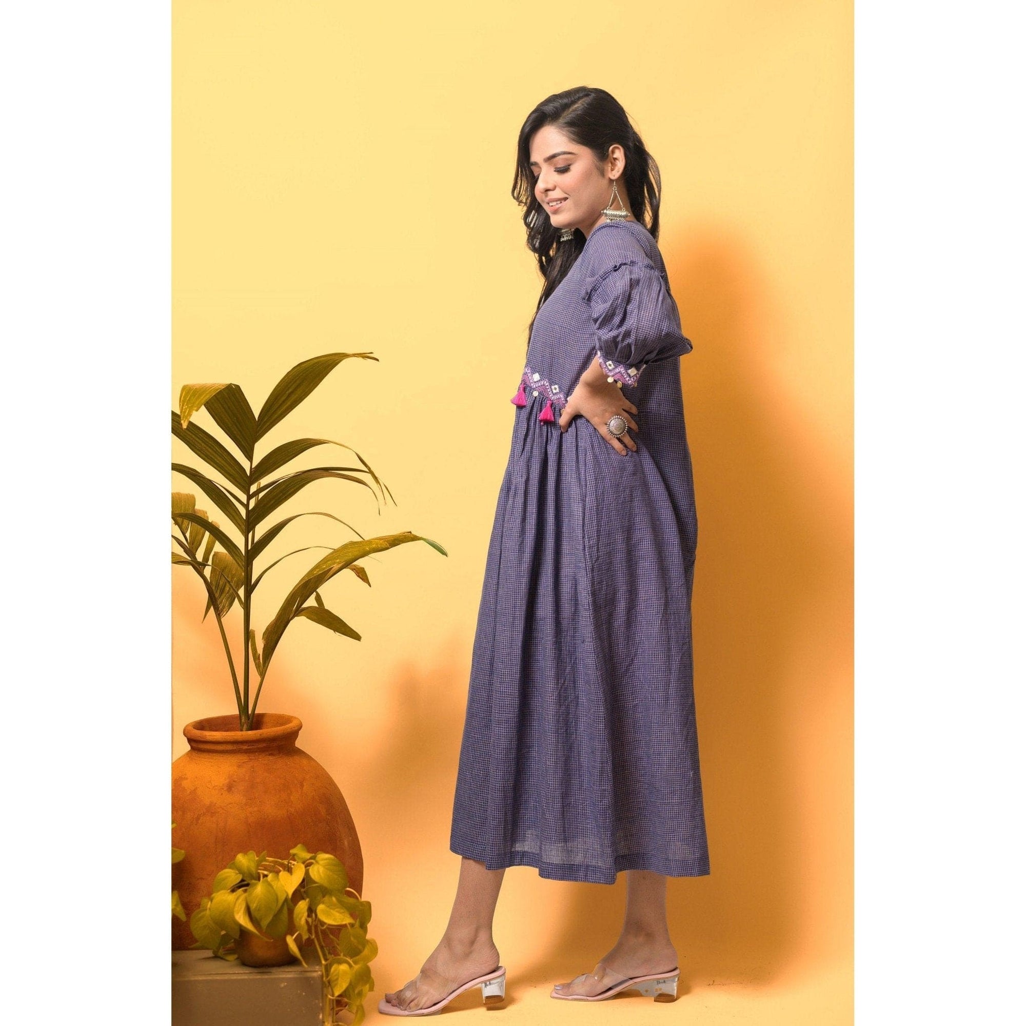 Khadi - Check Nordic embroiderd Boho Dress - Persian Blue - Charkha TalesKhadi - Check Nordic embroiderd Boho Dress - Persian Blue