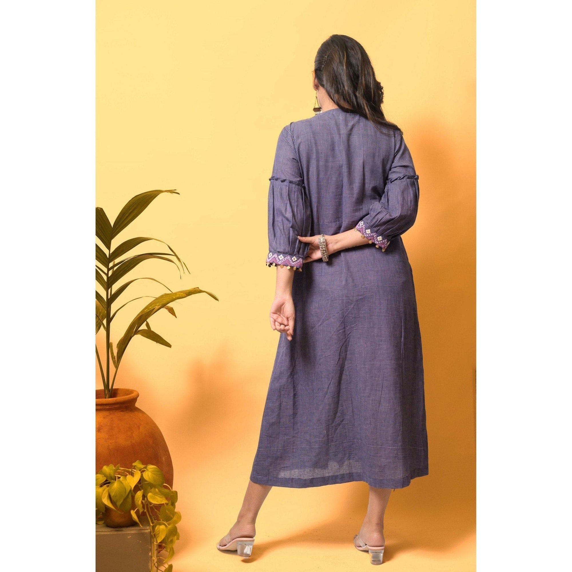 Khadi - Check Nordic embroiderd Boho Dress - Persian Blue - Charkha TalesKhadi - Check Nordic embroiderd Boho Dress - Persian Blue