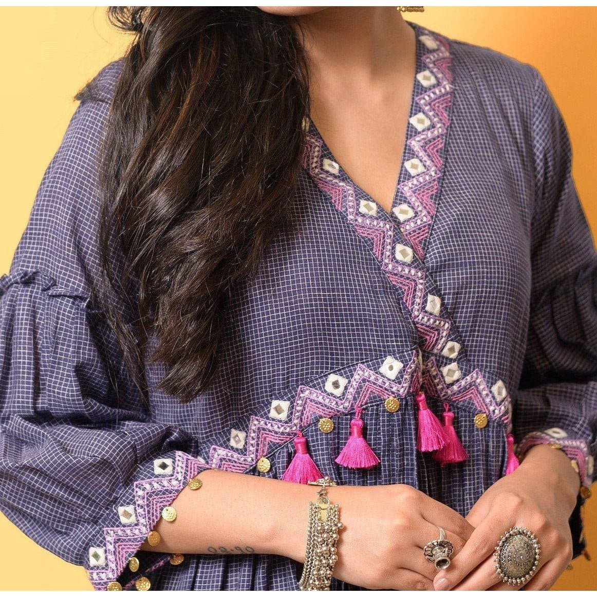 Khadi - Check Nordic embroiderd Boho Dress - Persian Blue - Charkha TalesKhadi - Check Nordic embroiderd Boho Dress - Persian Blue