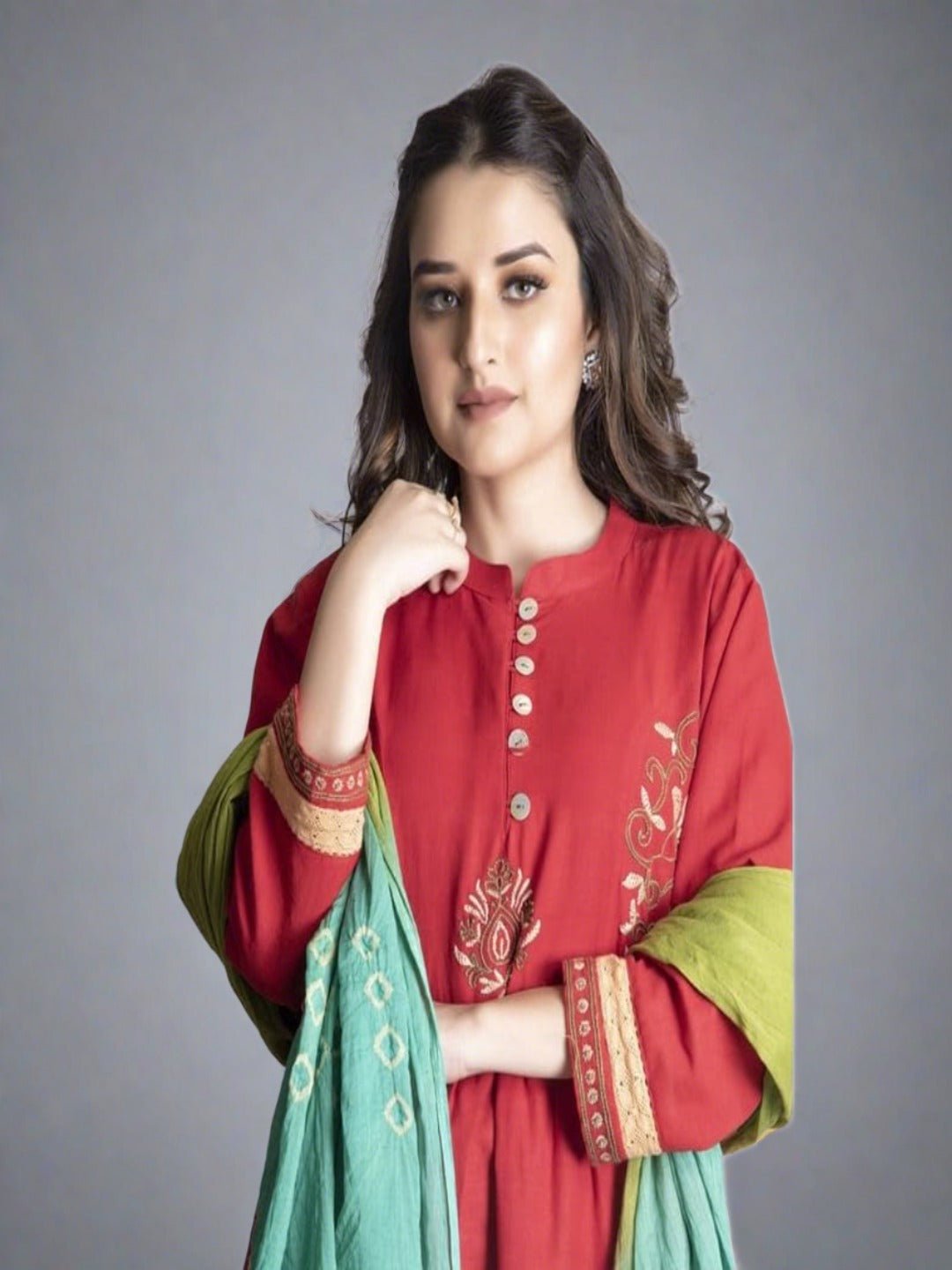 Khadi Chikankari Anarkali Kurta Set - Red - Charkha TalesKhadi Chikankari Anarkali Kurta Set - Red