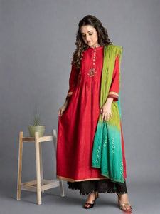 Khadi Chikankari Anarkali Kurta Set - Red
