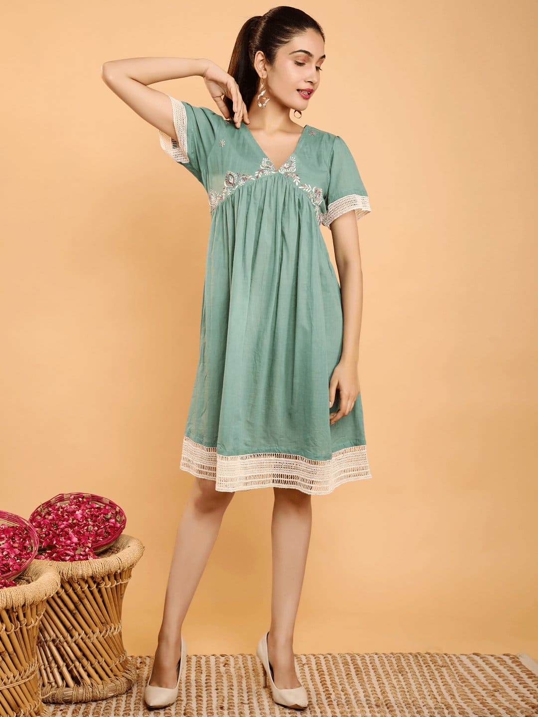 Khadi Chikankari Boho Dress - Turquoise - Charkha TalesKhadi Chikankari Boho Dress - Turquoise